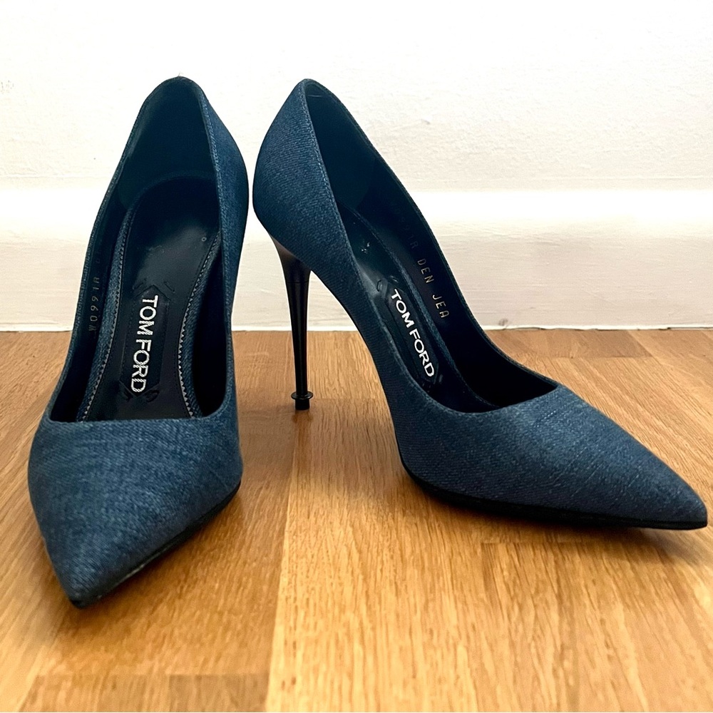 TOM FORD Denim Matte Charcoal Metallic Heels Denim Pumps - New - 35.5/5.5